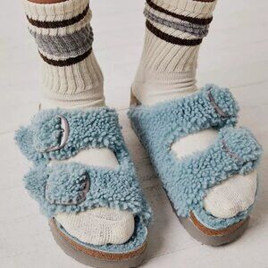 Birkenstock Papillio Arizona Big Buckle Teddy Shearling Platform Sandal Blue NEW